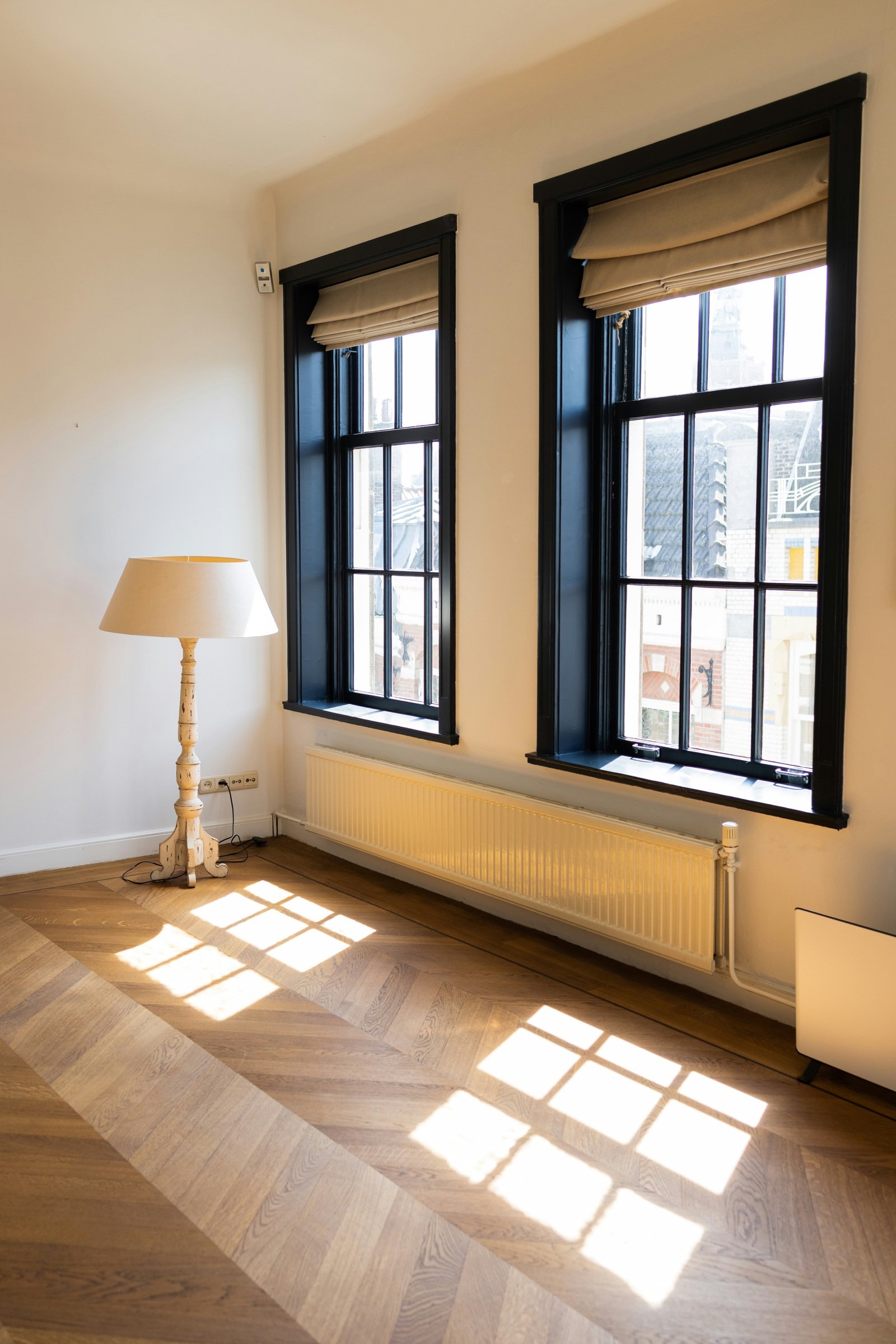 Renovated room with tall dark-framed windows, herringbone wood floor, skirting boards and a radiator in sunlight